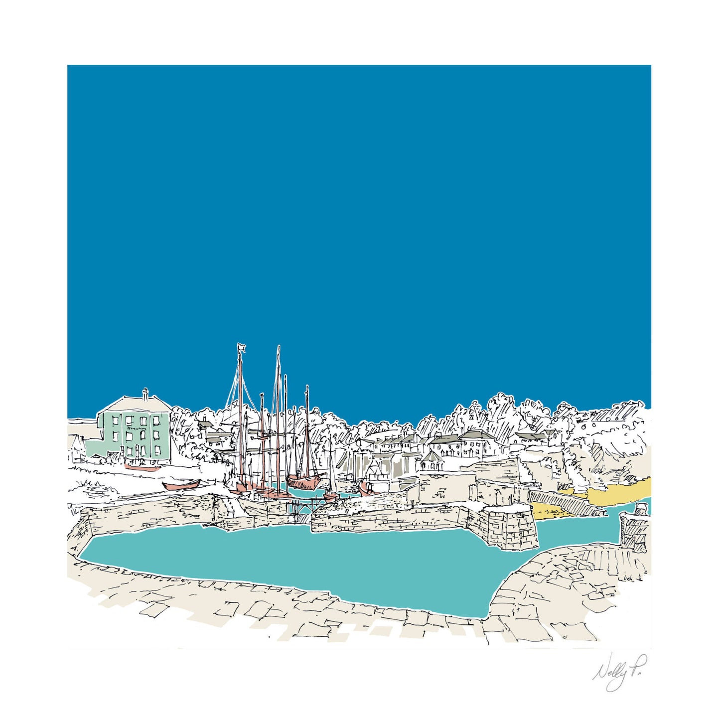 Charlestown, Cornwall Square Wall Art Print by Nelly P.