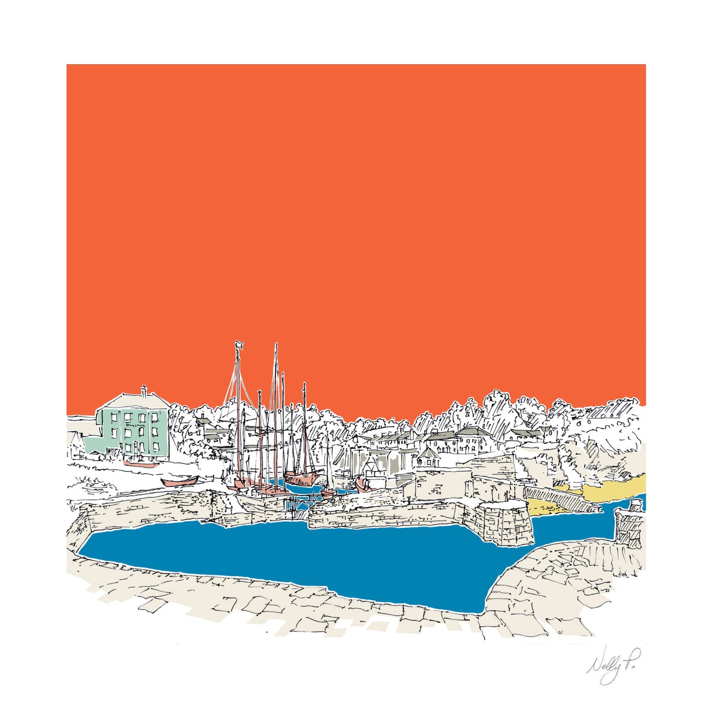 Charlestown, Cornwall Square Wall Art Print by Nelly P.