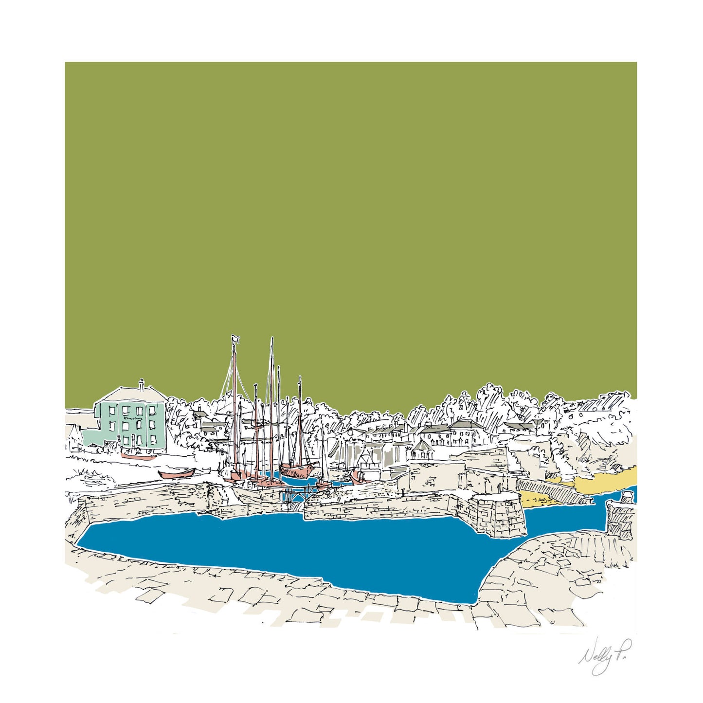 Charlestown, Cornwall Square Wall Art Print by Nelly P.