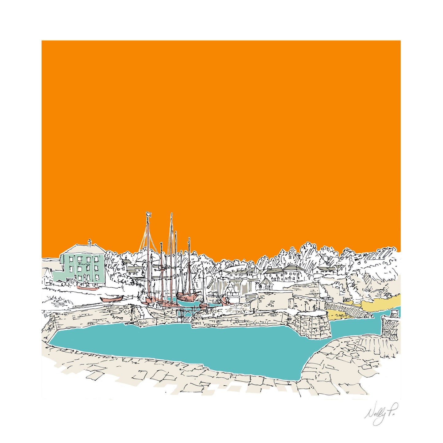 Charlestown, Cornwall Square Wall Art Print by Nelly P.