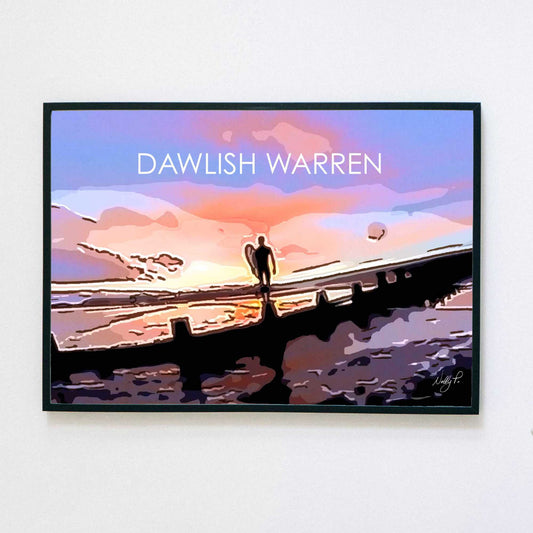 Dawlish Warren Surfing Sunset by Nelly P. - Devon Art Holiday Poster