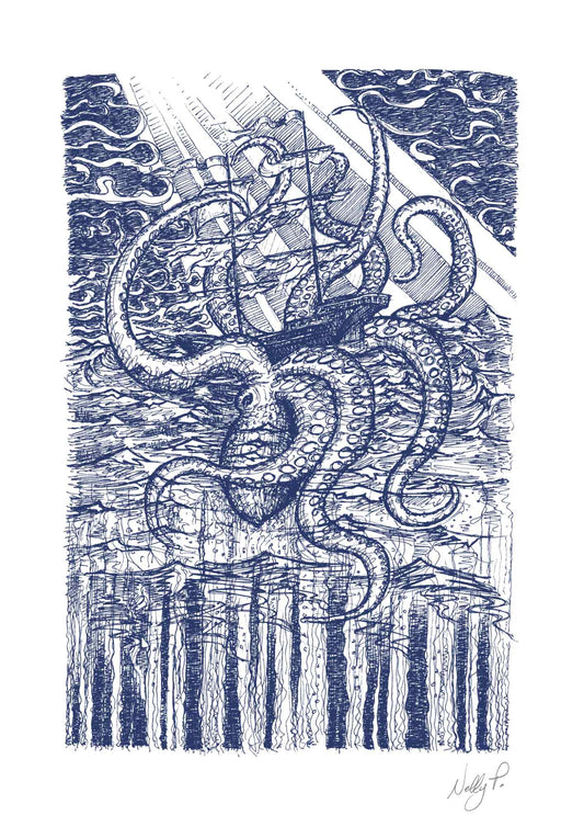 The Kraken Attacks by Nelly P. - Mythical Sailing Stories Art Print